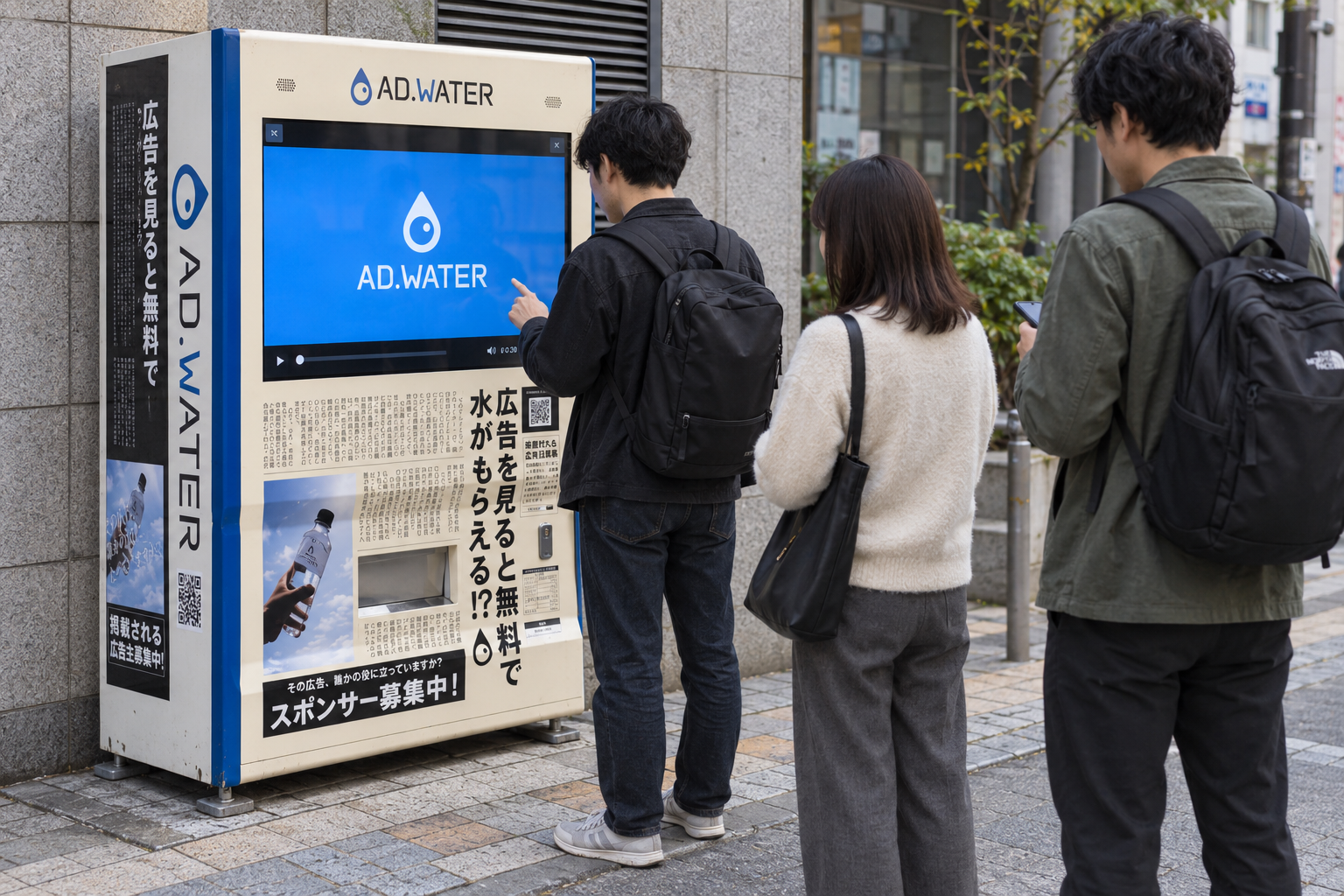 屋外でADWATERを利用する人と、後ろで順番を待つ人々の生成イメージ